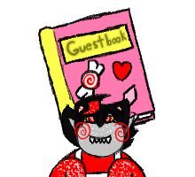 Tricky looking up excitably with a pink book behind his head that says Guestbook on it.
